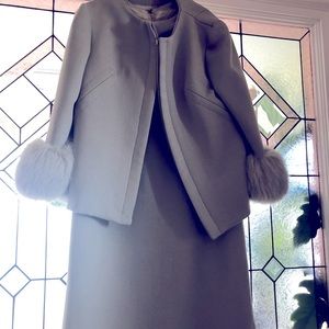 60s mod two piece dress suit - mint green with vintage fox fur cuffs